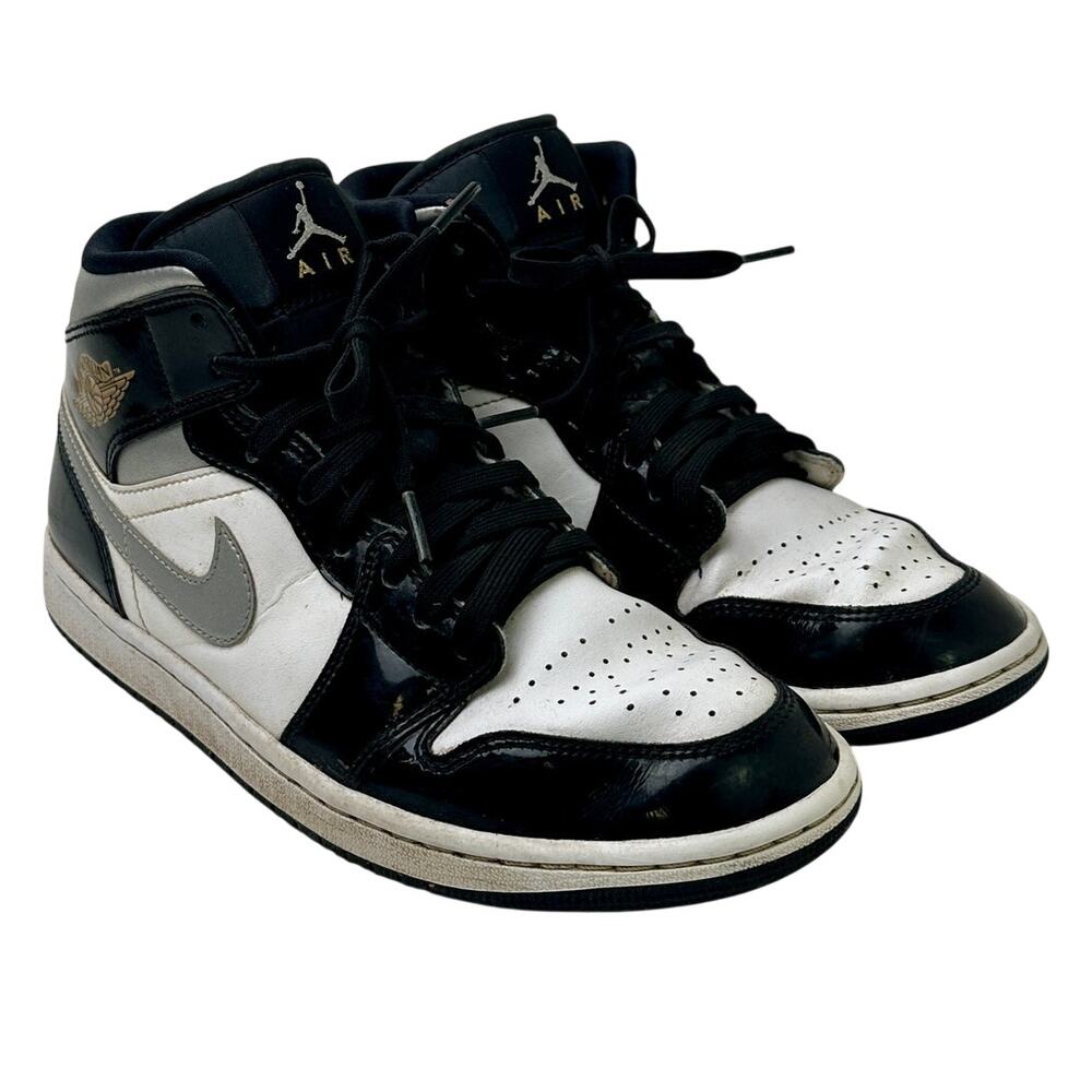 Nike Air Jordan 1 Mid SE Patent Black White Metallic Silver Men's Sz 8.5